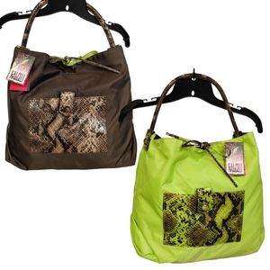 $99 Carlos Falchi REVERSIBLE 2-in-1 Hobo Bag Purse Brown Green Python Snake